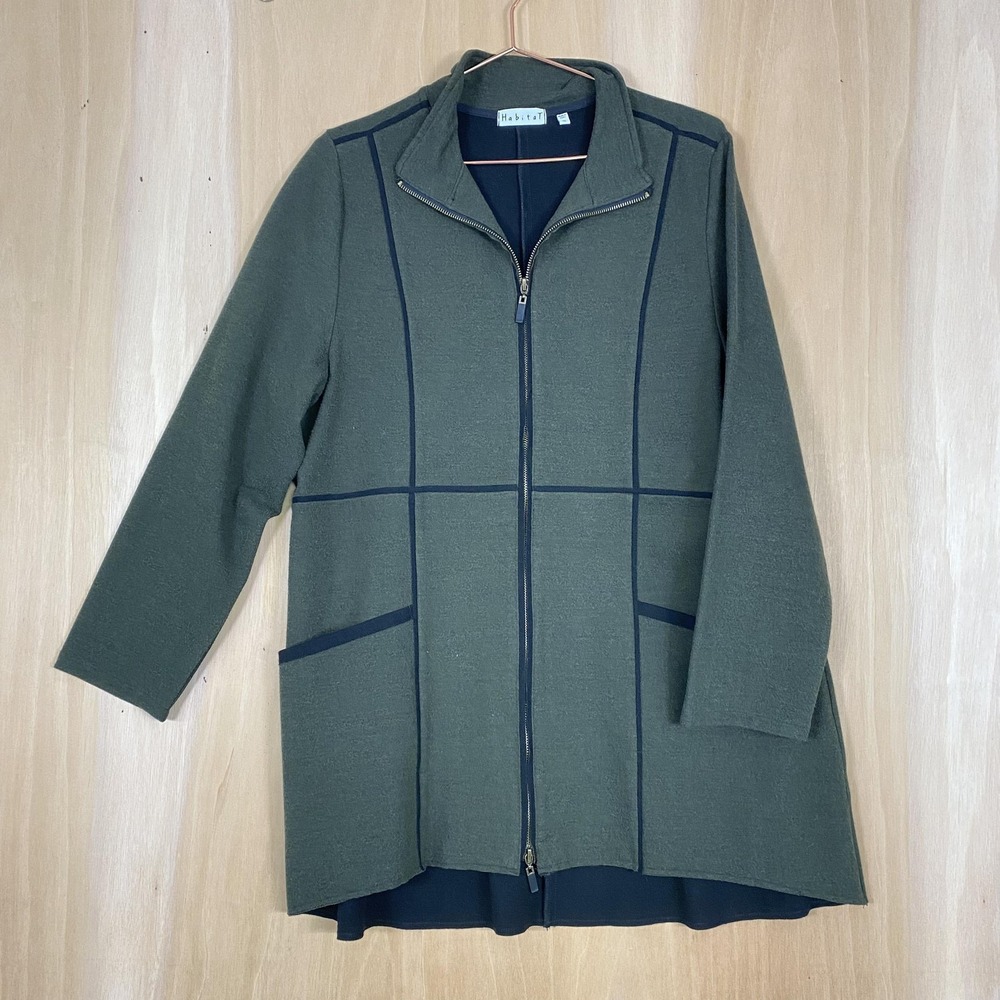 Habitat Jacket Womens XL Green Full Zip‎ Long Coat Pockets Rayon Blend Casual
